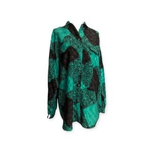 Vintage 80's Sam Mah Printed Teal Green Satin Blouse MEDIUM